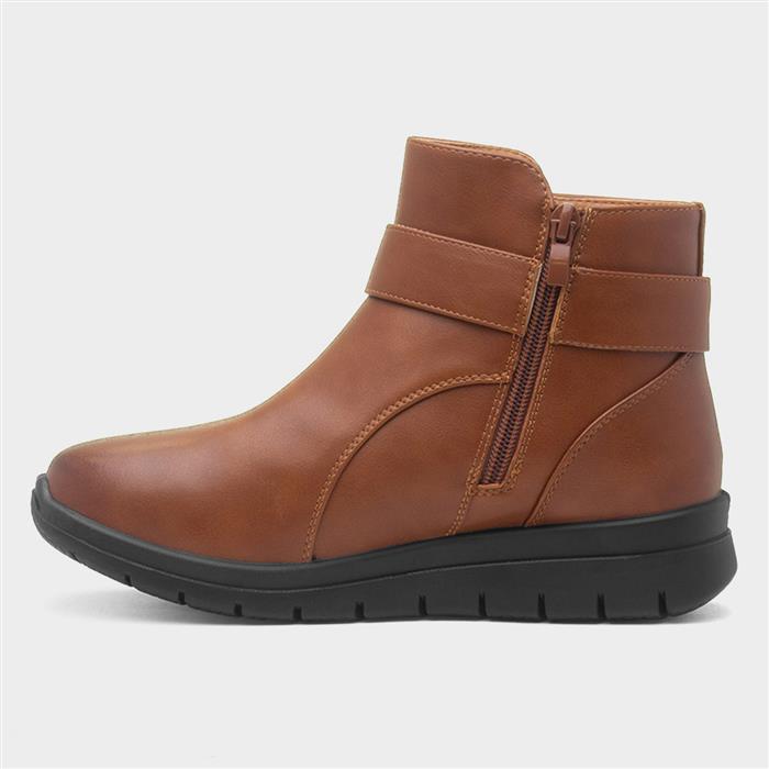 Womens Tan Wedge Zip Up Buckle Boot