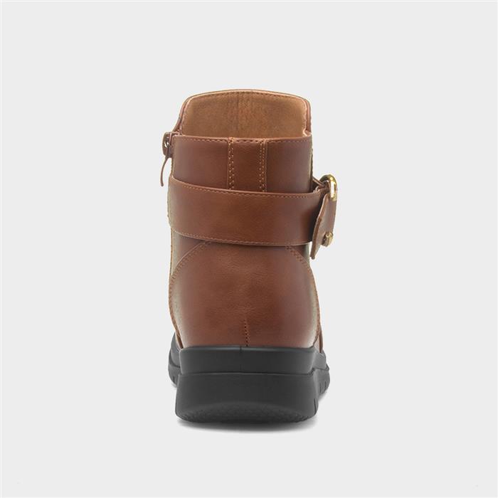 Womens Tan Wedge Zip Up Buckle Boot