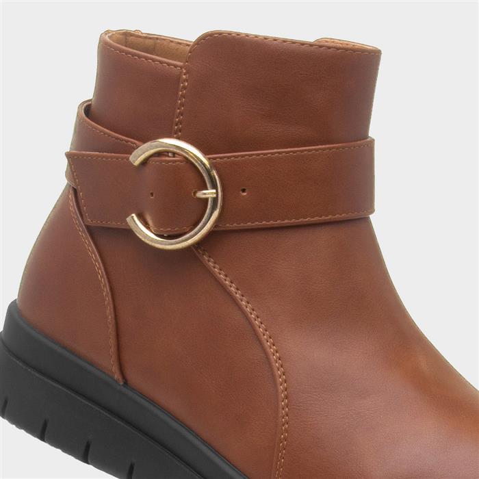 Womens Tan Wedge Zip Up Buckle Boot