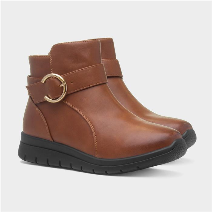 Womens Tan Wedge Zip Up Buckle Boot
