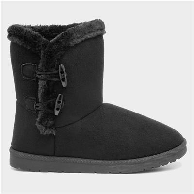 Womens Black Faux Fur Pull On Ankle Boot