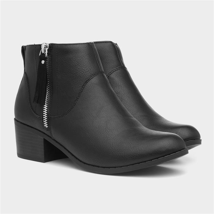 Womens Black Block Heel Tassel Ankle Boot