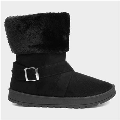 Womens Faux Fur Black Pull On Ankle Boot