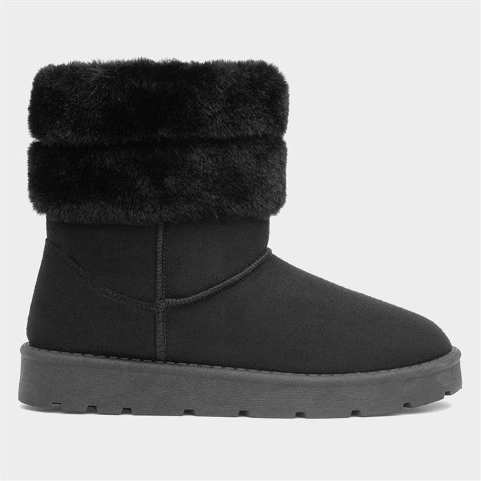 Womens Black Faux Fur Pull On Ankle Boots
