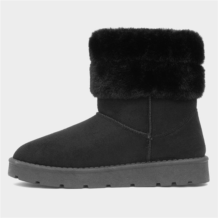 Womens Black Faux Fur Pull On Ankle Boots