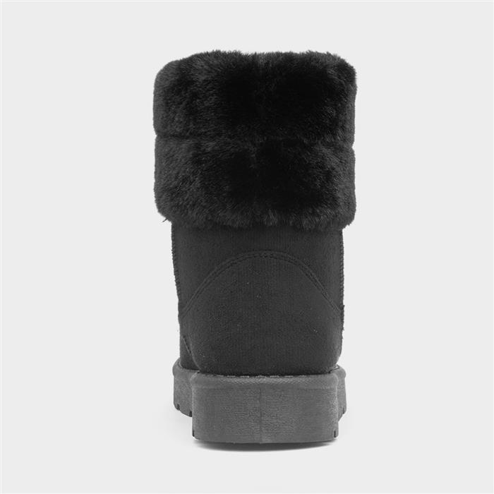 Womens Black Faux Fur Pull On Ankle Boots