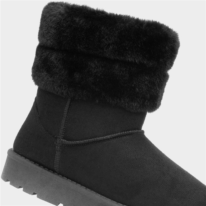 Womens Black Faux Fur Pull On Ankle Boots
