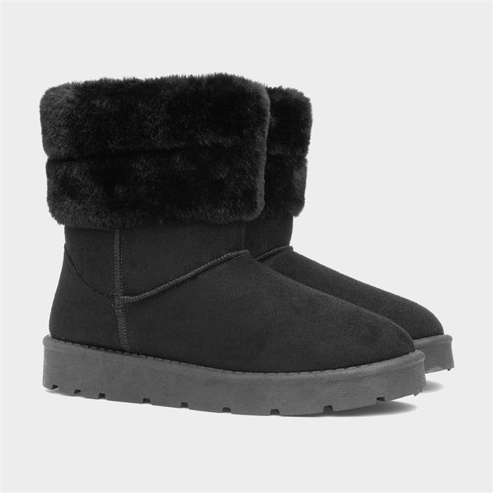 Womens Black Faux Fur Pull On Ankle Boots