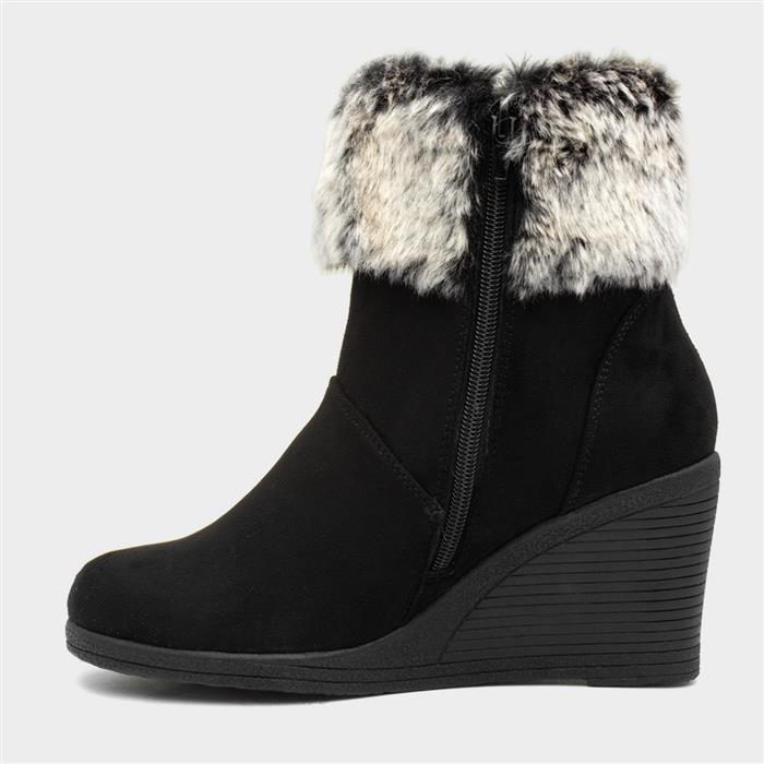 Lilley Womens Black Wedge Ankle Boot with Faux Fur-186064 | Shoe Zone