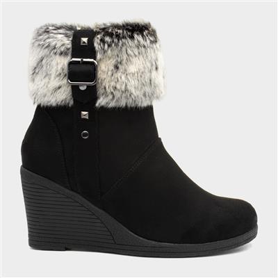 Womens Black Wedge Ankle Boot with Faux Fur
