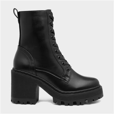 Womens Black Heeled Lace Up Boot
