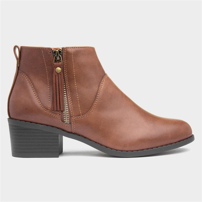 Womens Tan Block Heel Tassel Ankle Boot