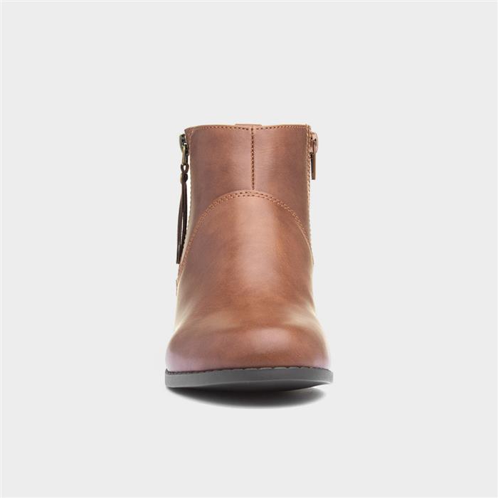 Womens Tan Block Heel Tassel Ankle Boot