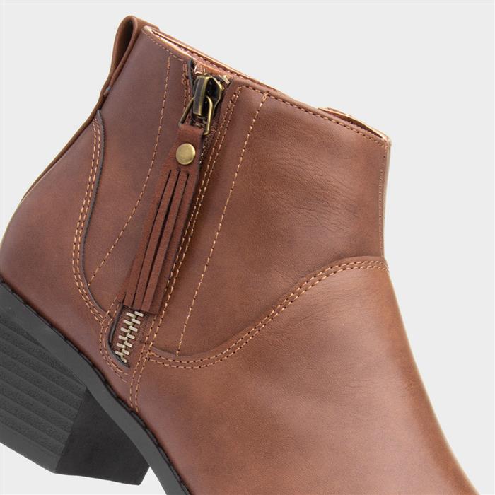 Womens Tan Block Heel Tassel Ankle Boot