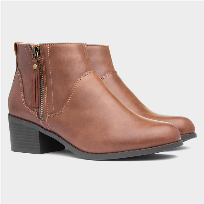 Womens Tan Block Heel Tassel Ankle Boot