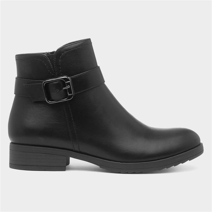 Womens Black Buckle Zip Up Ankle Boot