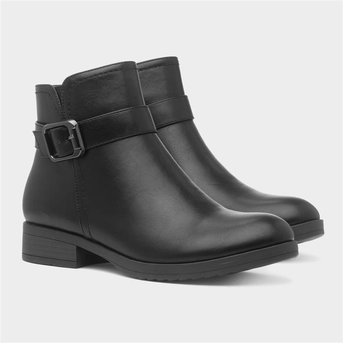 Womens Black Buckle Zip Up Ankle Boot