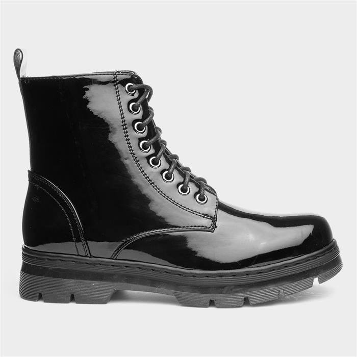 Womens Black Patent Chunky Lace Up Boot