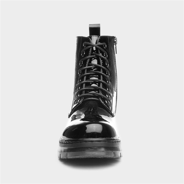 Womens Black Patent Chunky Lace Up Boot
