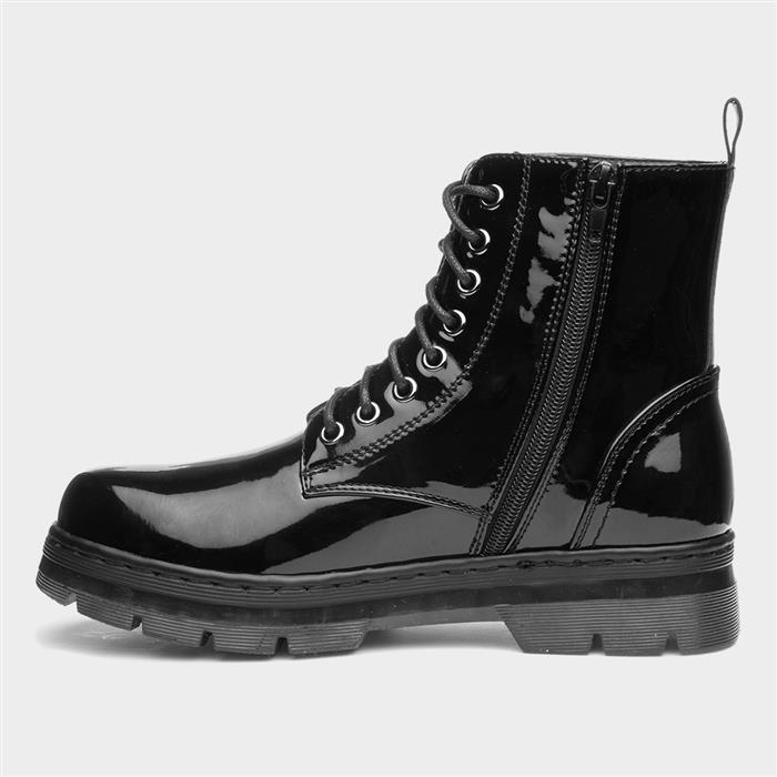 Womens Black Patent Chunky Lace Up Boot