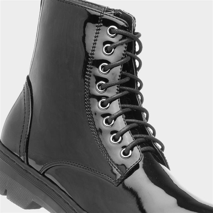 Womens Black Patent Chunky Lace Up Boot