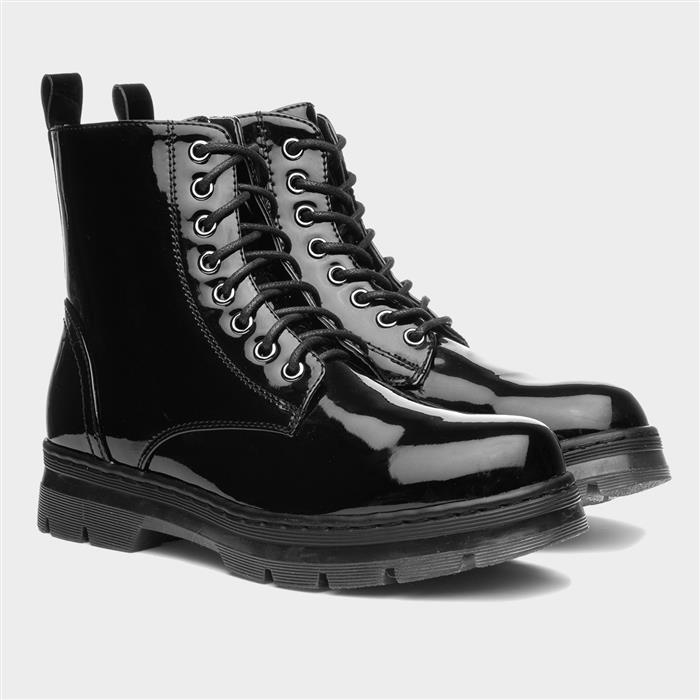 Womens Black Patent Chunky Lace Up Boot