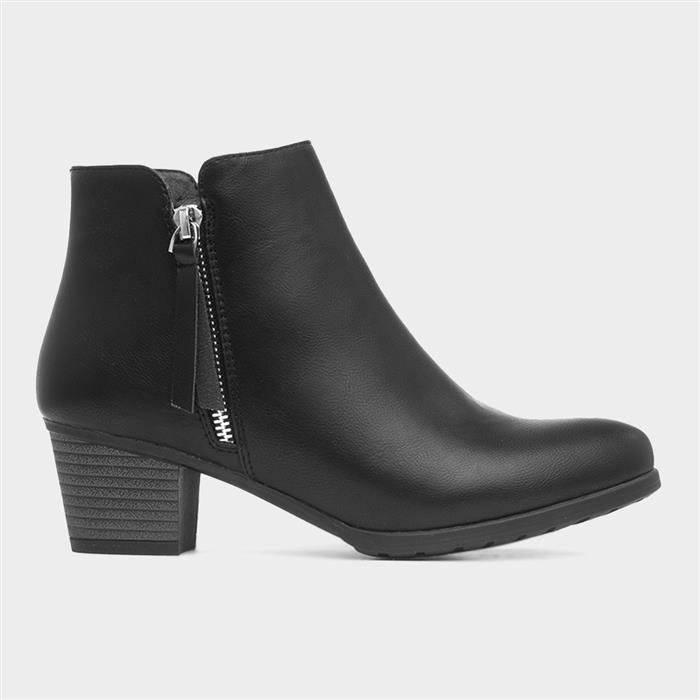Women's Black Heeled Ankle Zip Up Boot