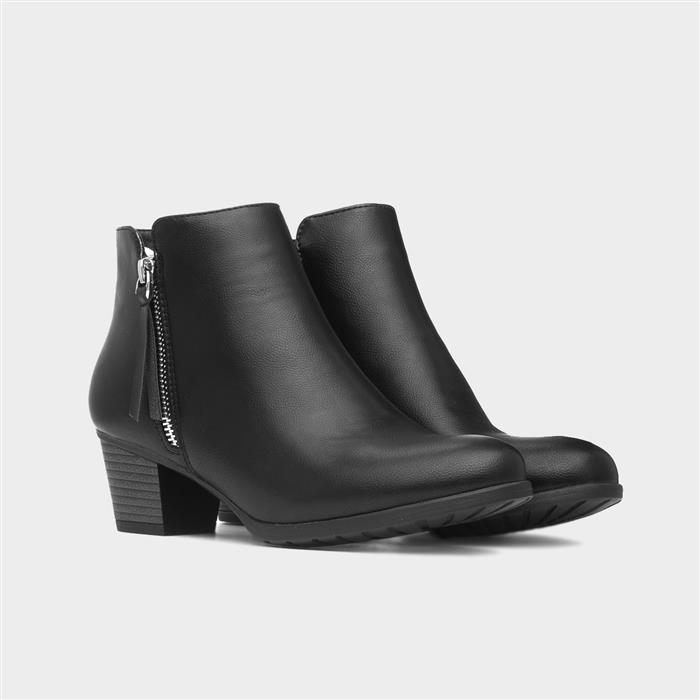 Women's Black Heeled Ankle Zip Up Boot