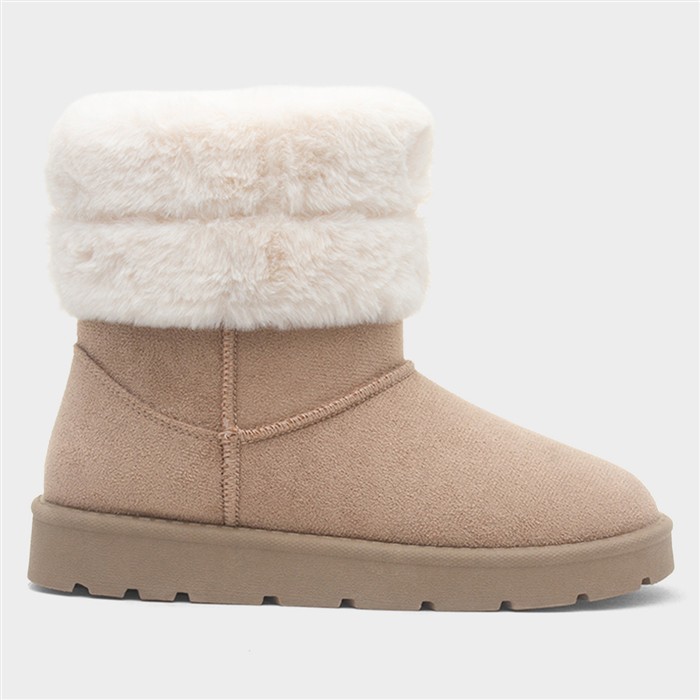 Womens Beige Faux Fur Pull On Ankle Boot