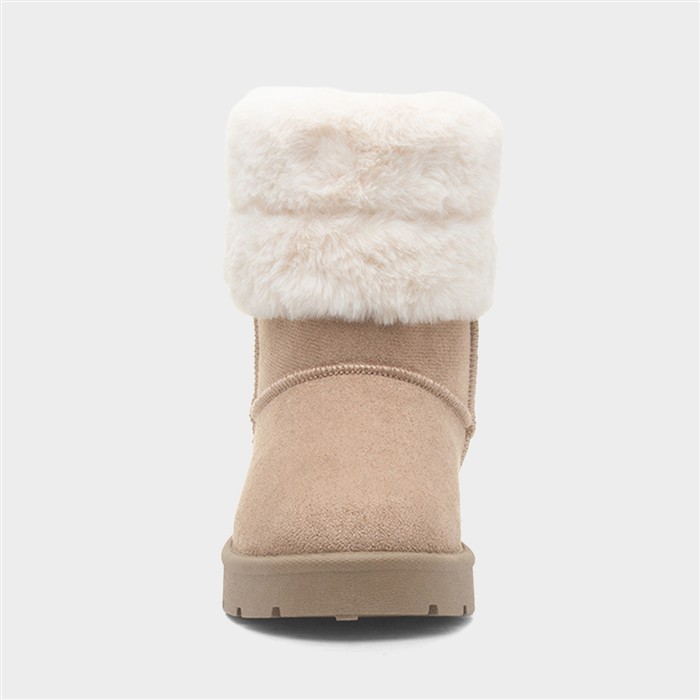 Womens Beige Faux Fur Pull On Ankle Boot