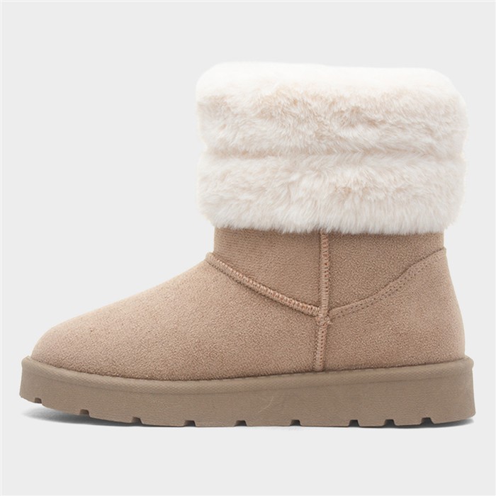 Womens Beige Faux Fur Pull On Ankle Boot
