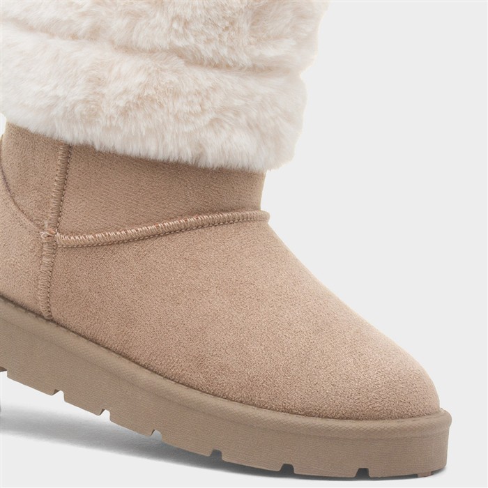 Womens Beige Faux Fur Pull On Ankle Boot