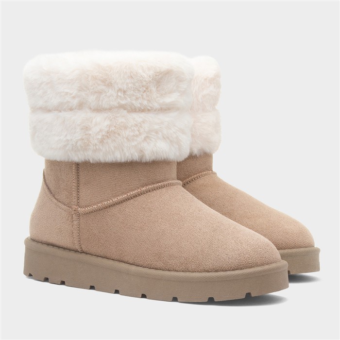 Womens Beige Faux Fur Pull On Ankle Boot