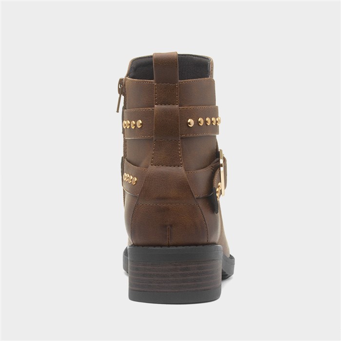 Womens Brown Ankle Zip Up Buckle Boot