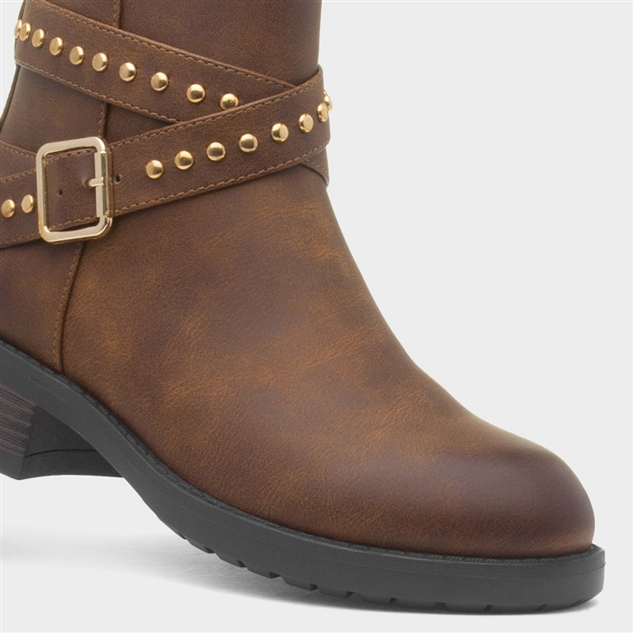 Womens Brown Ankle Zip Up Buckle Boot