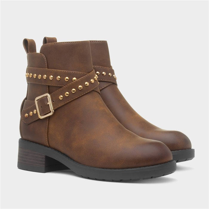 Womens Brown Ankle Zip Up Buckle Boot