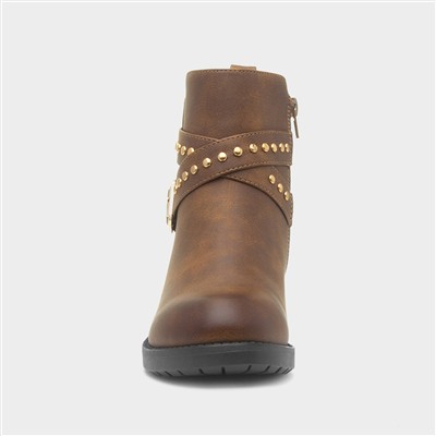 Womens Brown Ankle Zip Up Buckle Boot