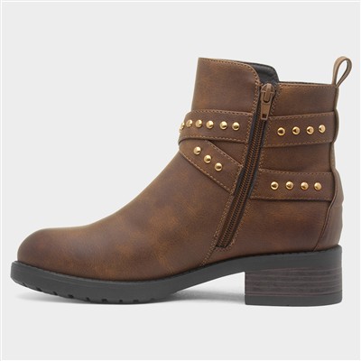 Womens Brown Ankle Zip Up Buckle Boot