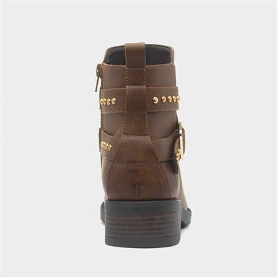 Womens Brown Ankle Zip Up Buckle Boot