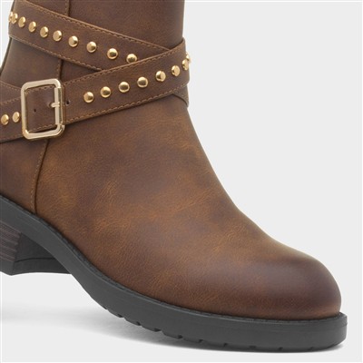 Womens Brown Ankle Zip Up Buckle Boot