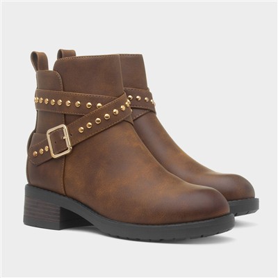 Womens Brown Ankle Zip Up Buckle Boot
