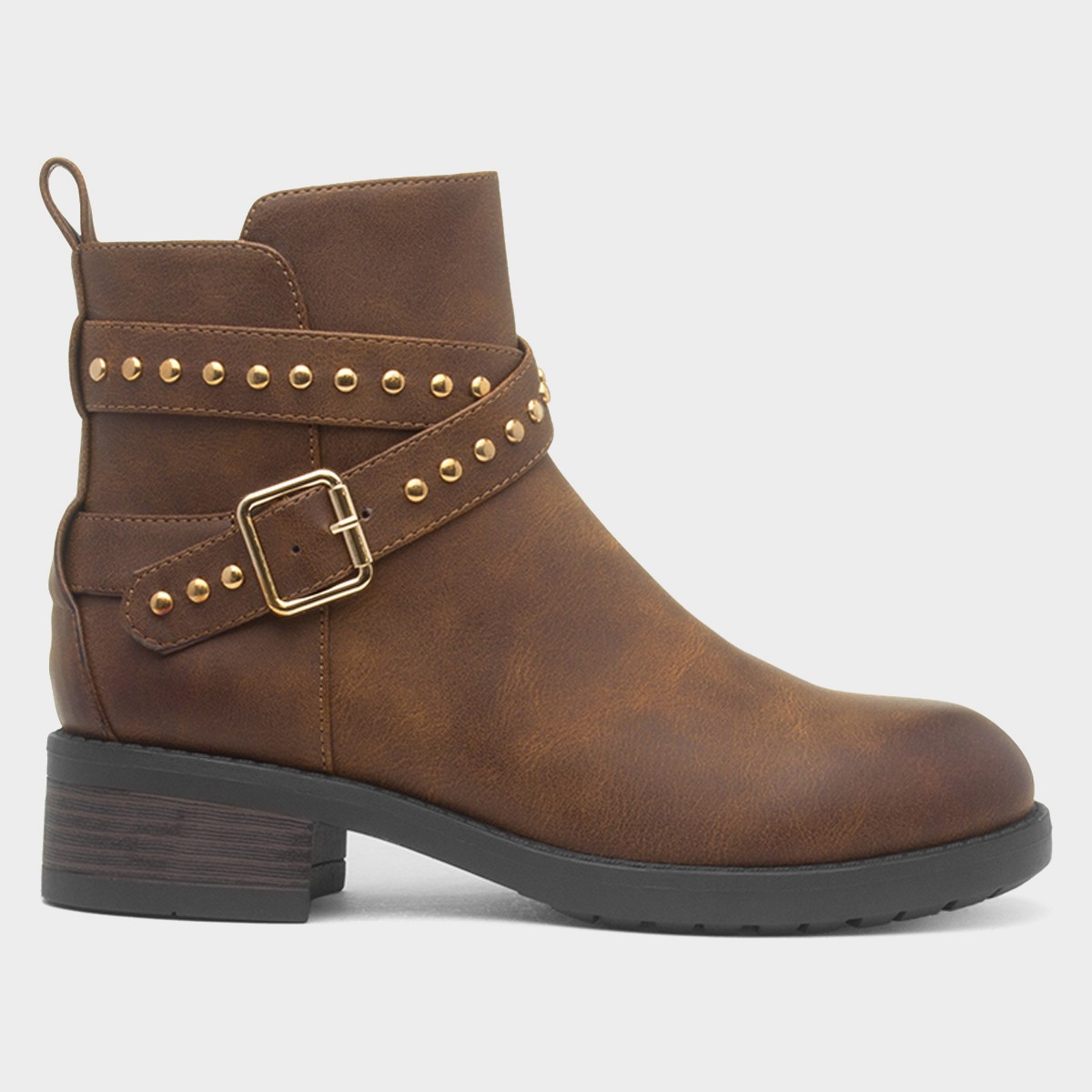 Womens Brown Ankle Zip Up Buckle Boot