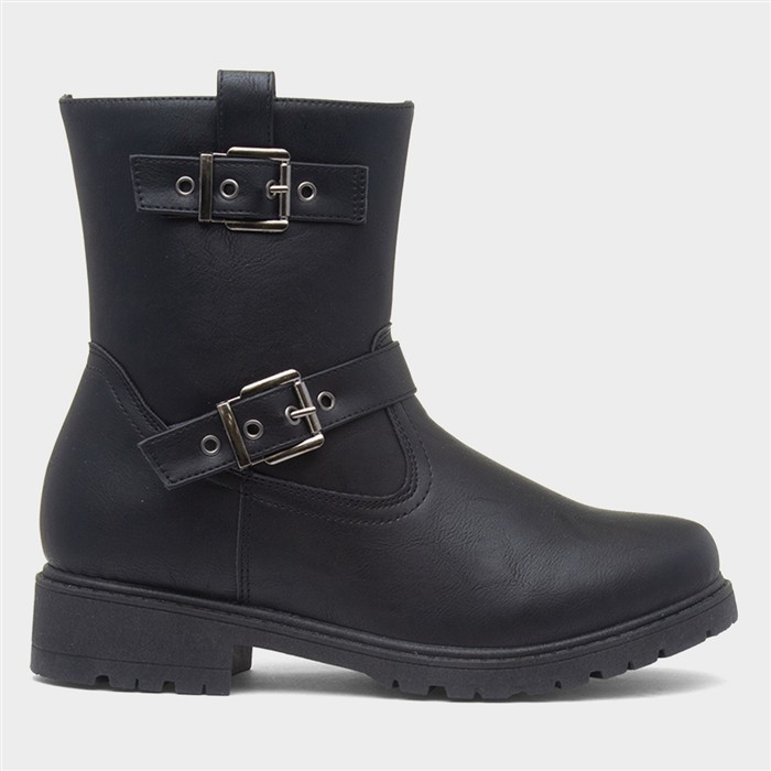 Womens Black Buckle Zip Up Ankle Boots