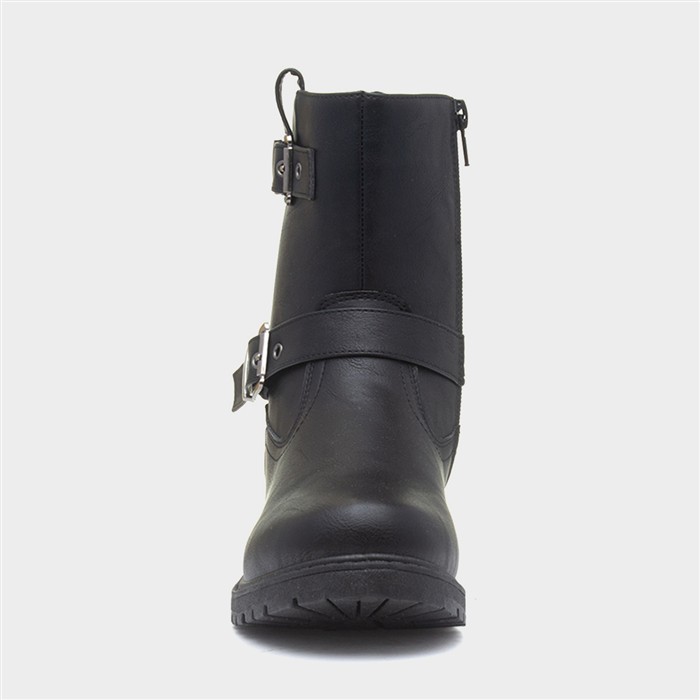 Womens Black Buckle Zip Up Ankle Boots