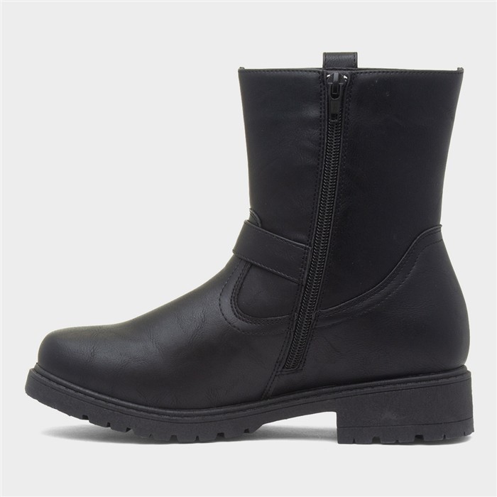 Womens Black Buckle Zip Up Ankle Boots