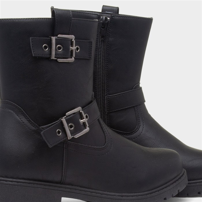 Womens Black Buckle Zip Up Ankle Boots