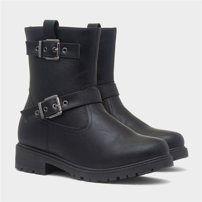 Womens Black Buckle Zip Up Ankle Boots