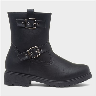 Womens Black Buckle Zip Up Ankle Boots
