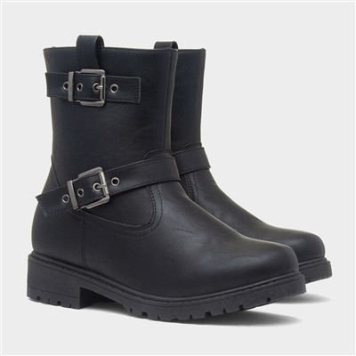 Womens Black Buckle Zip Up Ankle Boots