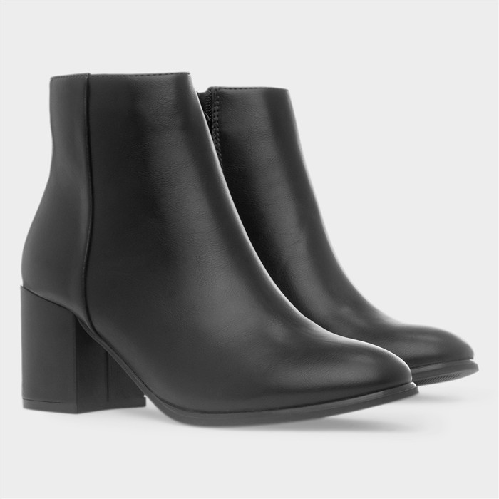 Womens Black Block Heel Zip Up Ankle Boot